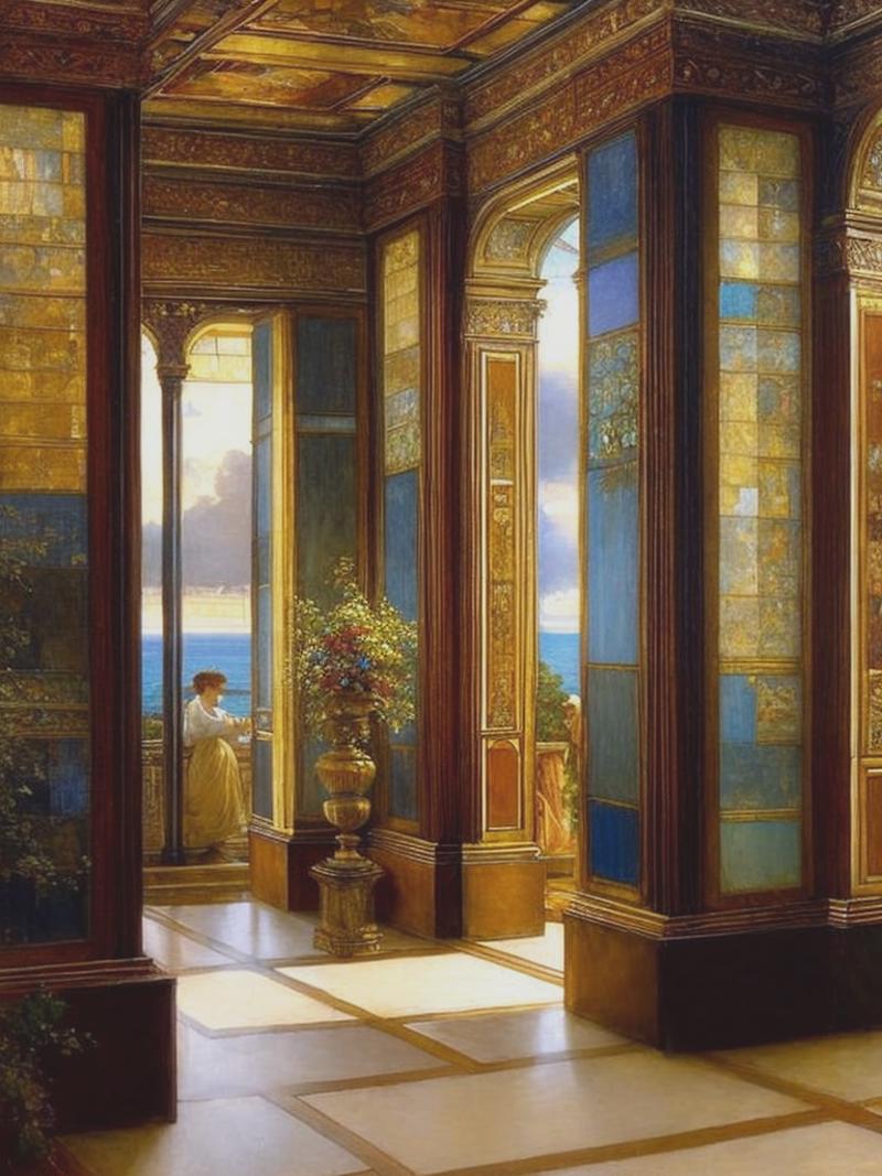 03192-3921457743-Awesome Sir Lawrence Alma-Tadema painting of the SECOND FLOOR HALL WITH DOORS FOR ALL THE BEDROOMS of a Beautiful Victorian era.png